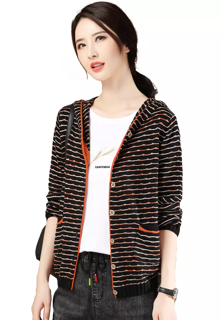 A-IN GIRLS Colorblock Striped Hooded Knitted Jacket