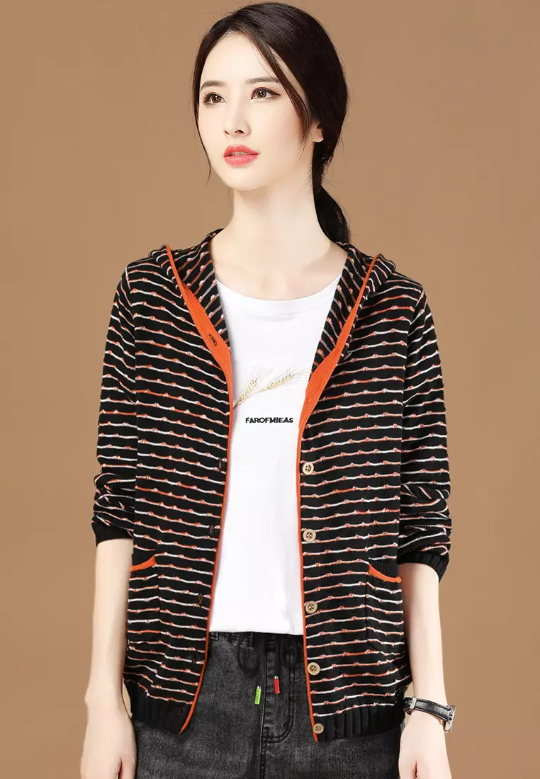 A-IN GIRLS Colorblock Striped Hooded Knitted Jacket