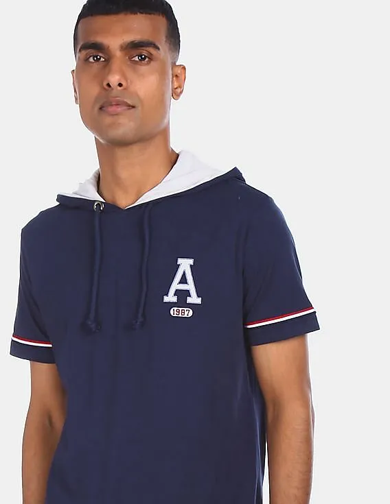 Aeropostale Men Navy Short Sleeve Solid Cotton Hooded T-Shirt