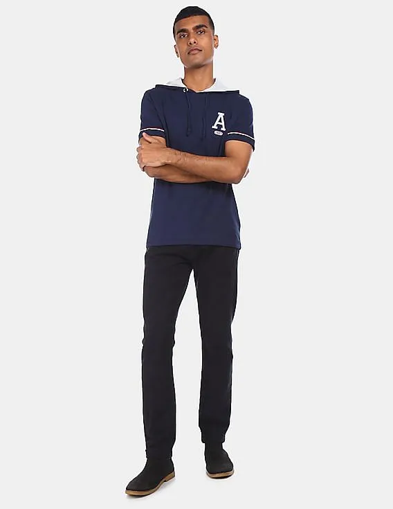 Aeropostale Men Navy Short Sleeve Solid Cotton Hooded T-Shirt