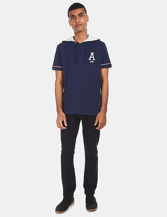 Aeropostale Men Navy Short Sleeve Solid Cotton Hooded T-Shirt