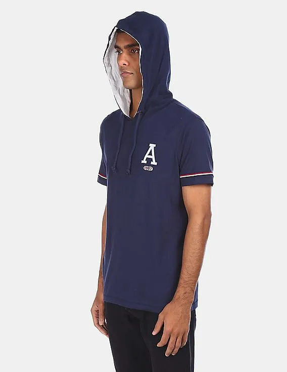 Aeropostale Men Navy Short Sleeve Solid Cotton Hooded T-Shirt