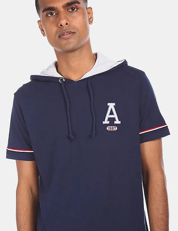 Aeropostale Men Navy Short Sleeve Solid Cotton Hooded T-Shirt