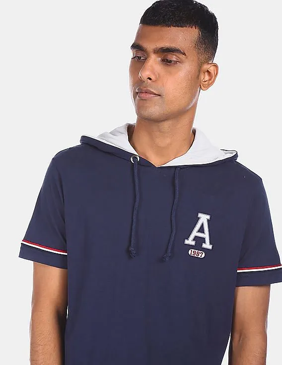 Aeropostale Men Navy Short Sleeve Solid Cotton Hooded T-Shirt