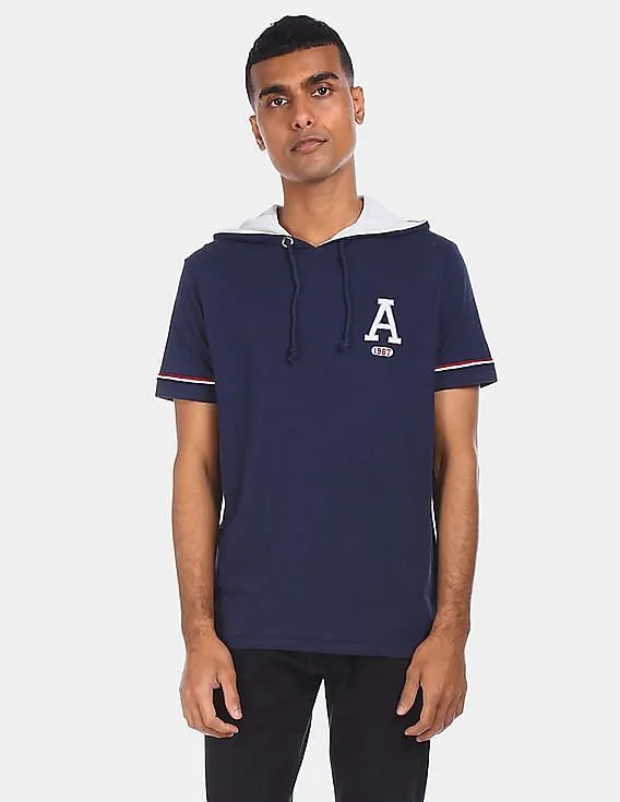 Aeropostale Men Navy Short Sleeve Solid Cotton Hooded T-Shirt