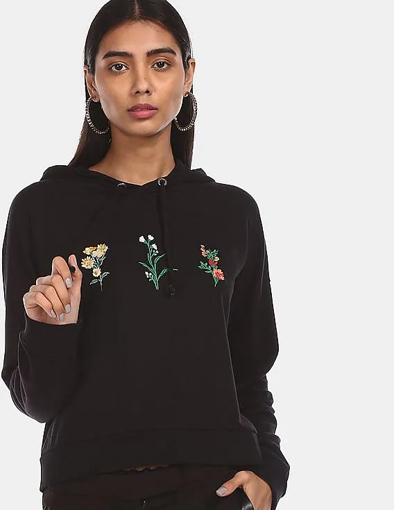 Aeropostale Women Black Cotton Embroidered Hooded Sweatshirt