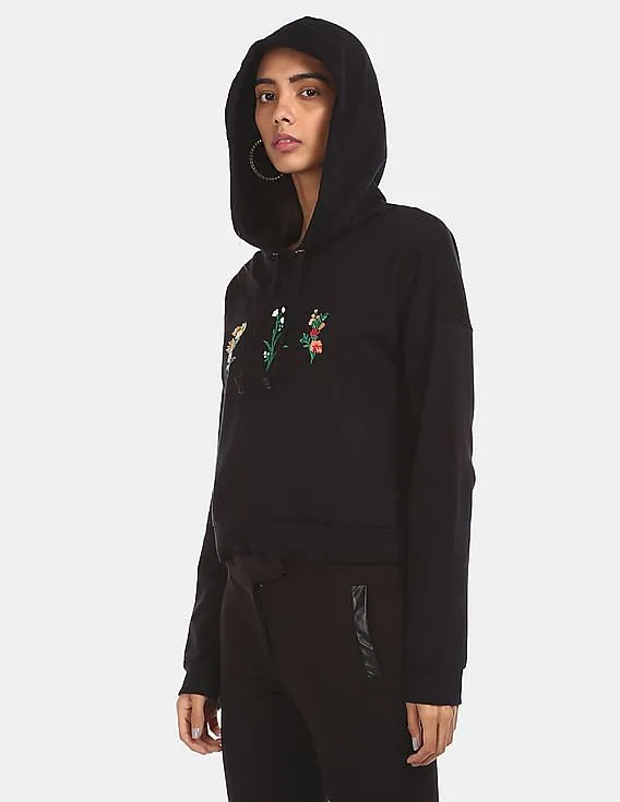 Aeropostale Women Black Cotton Embroidered Hooded Sweatshirt