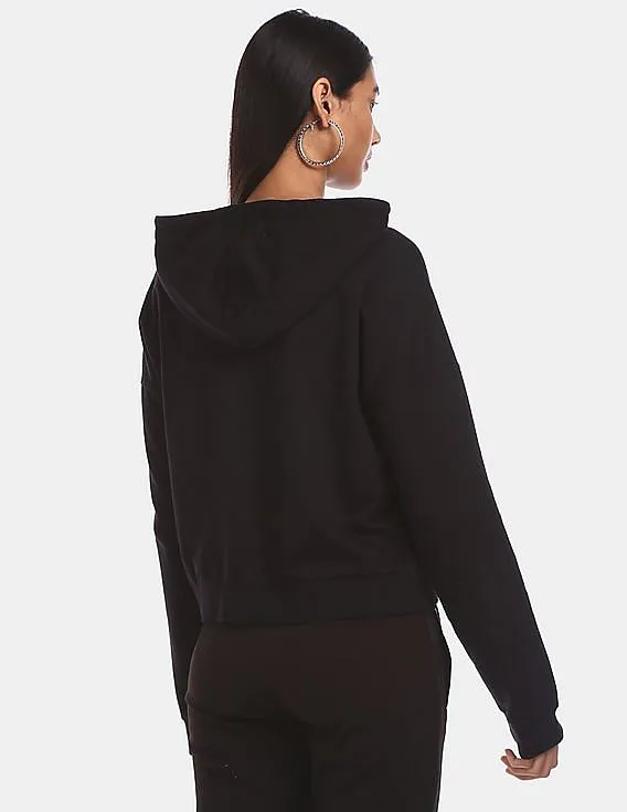 Aeropostale Women Black Cotton Embroidered Hooded Sweatshirt