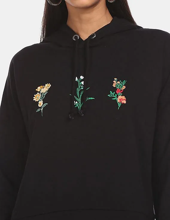 Aeropostale Women Black Cotton Embroidered Hooded Sweatshirt