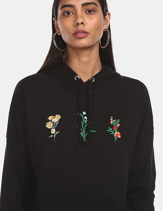 Aeropostale Women Black Cotton Embroidered Hooded Sweatshirt