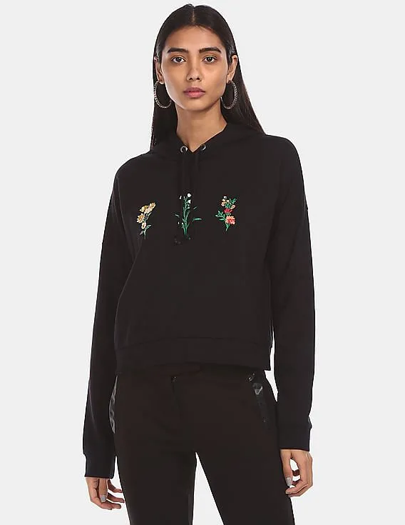 Aeropostale Women Black Cotton Embroidered Hooded Sweatshirt