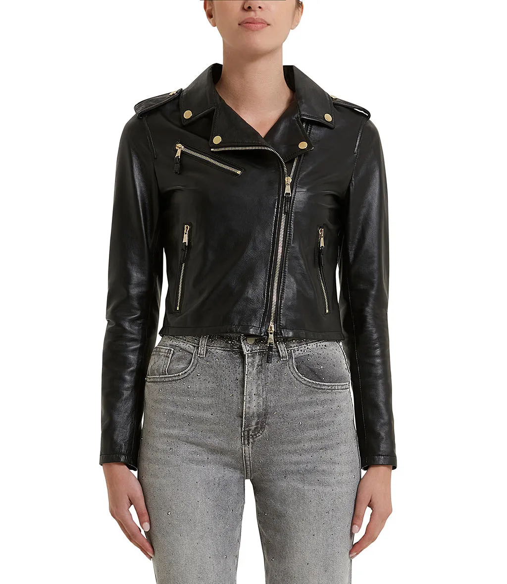 Biker style black leather jacket