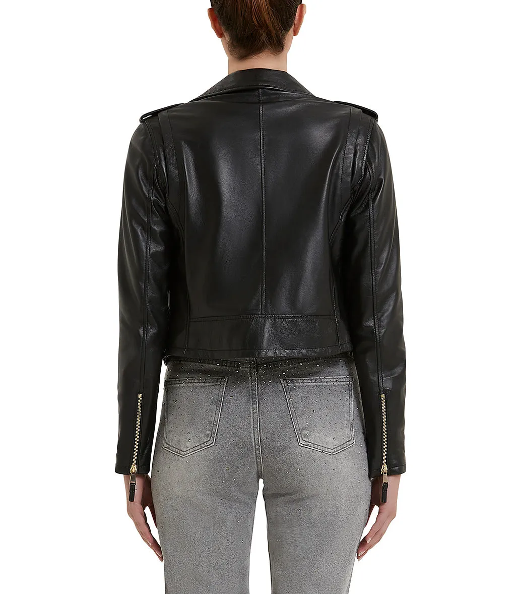 Biker style black leather jacket