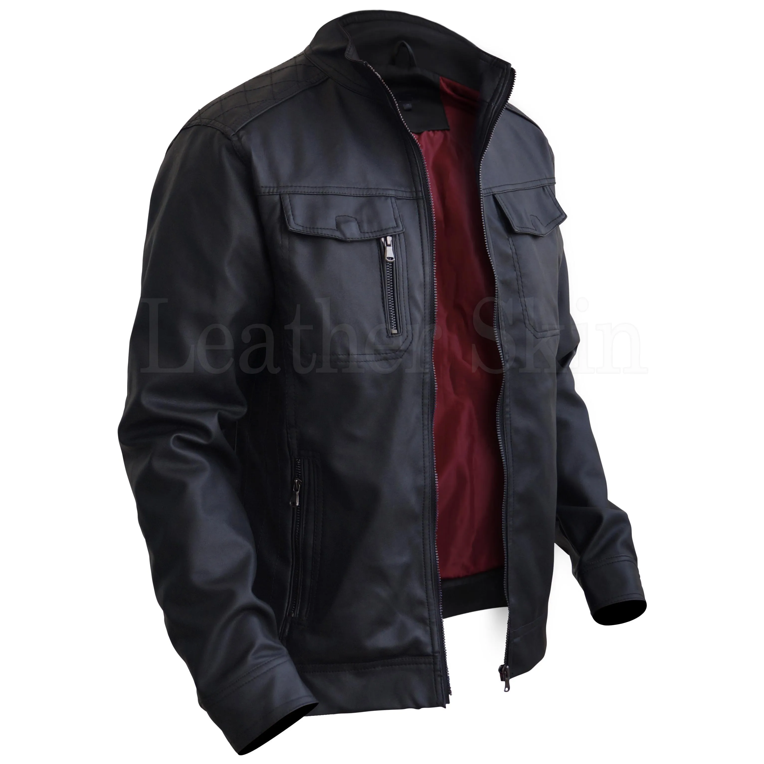 Black Crossed Shoulder Premium Genuine Pure Real Leather Jacket w/ Red - Leather Skin Shop