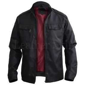 Black Crossed Shoulder Premium Genuine Pure Real Leather Jacket w/ Red - Leather Skin Shop