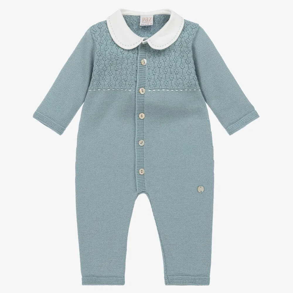 Blue Knitted Merino Wool Baby Romper