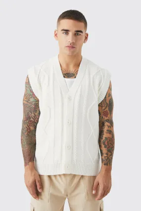 Boxy Cable Knitted Button Up Vest | boohooMAN UK