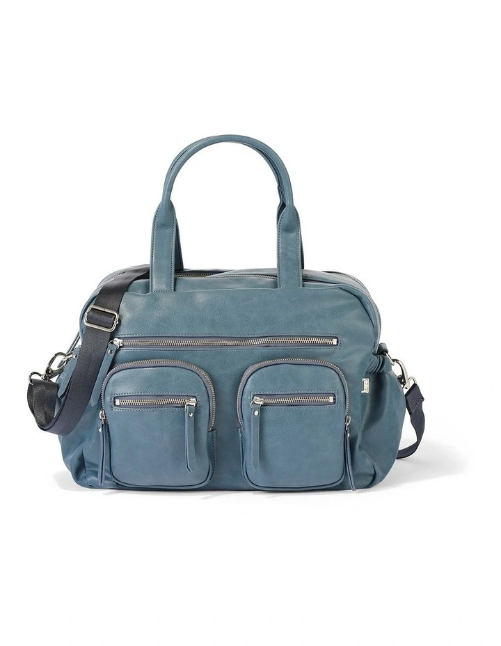 Carry All Vegan Leather Nappy Bag in Stone Blue