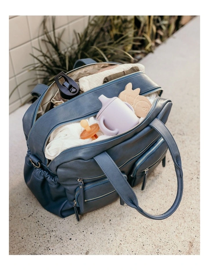 Carry All Vegan Leather Nappy Bag in Stone Blue