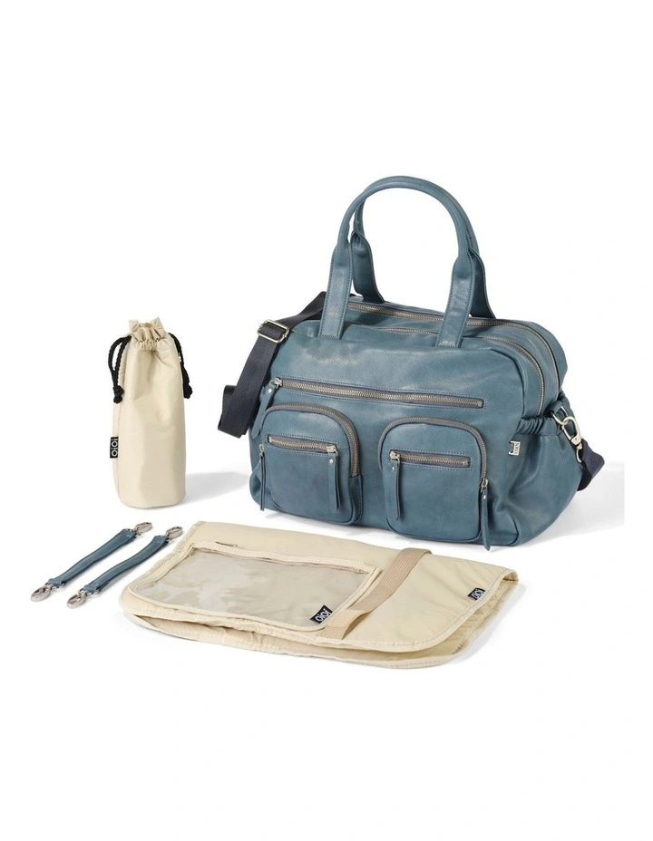 Carry All Vegan Leather Nappy Bag in Stone Blue