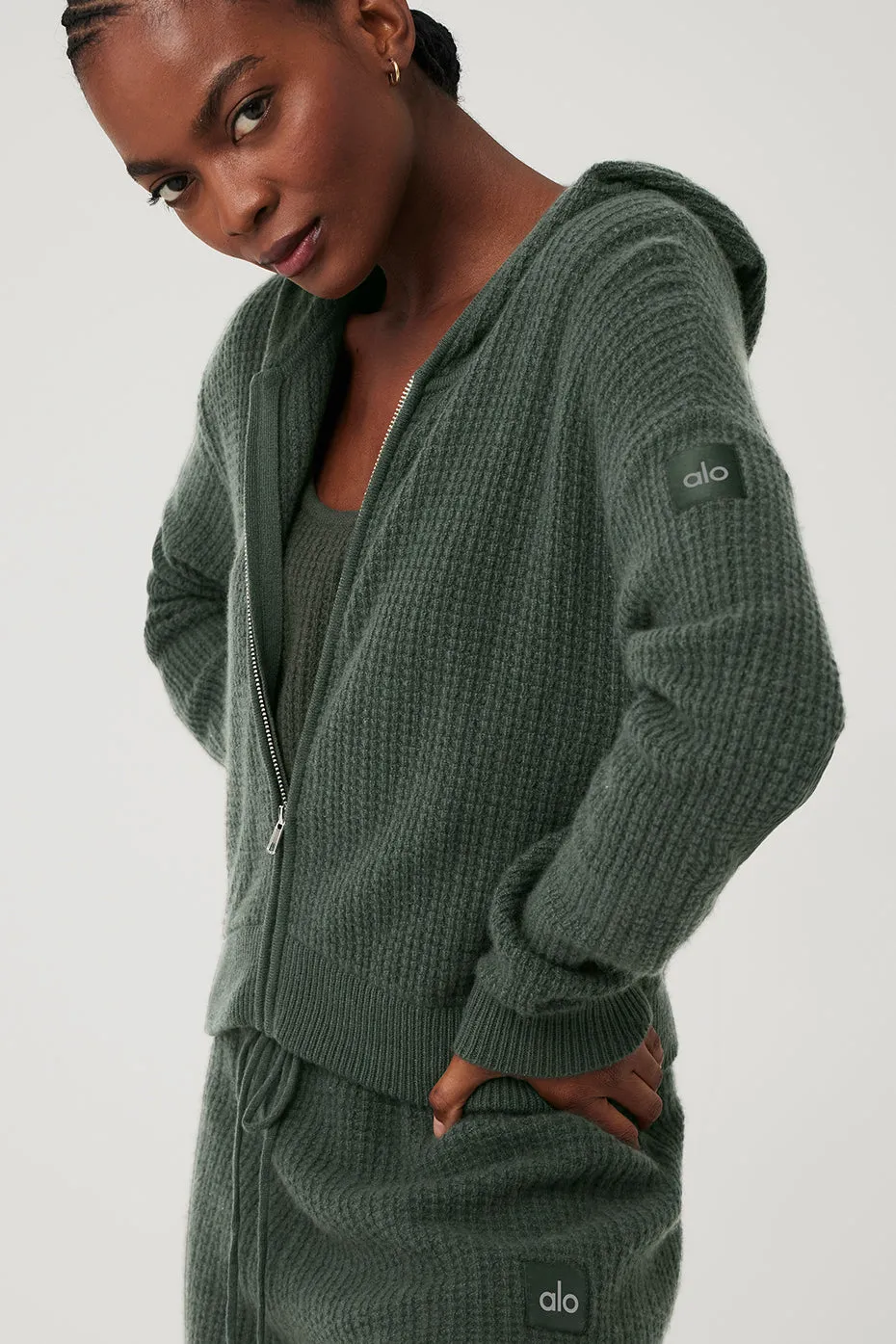 Cashmere Plush Waffle Full Zip Hoodie - Dark Cactus