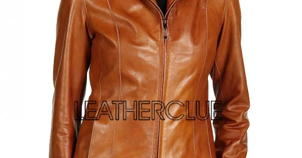 Casual brown colour zipper original leather jacket for women