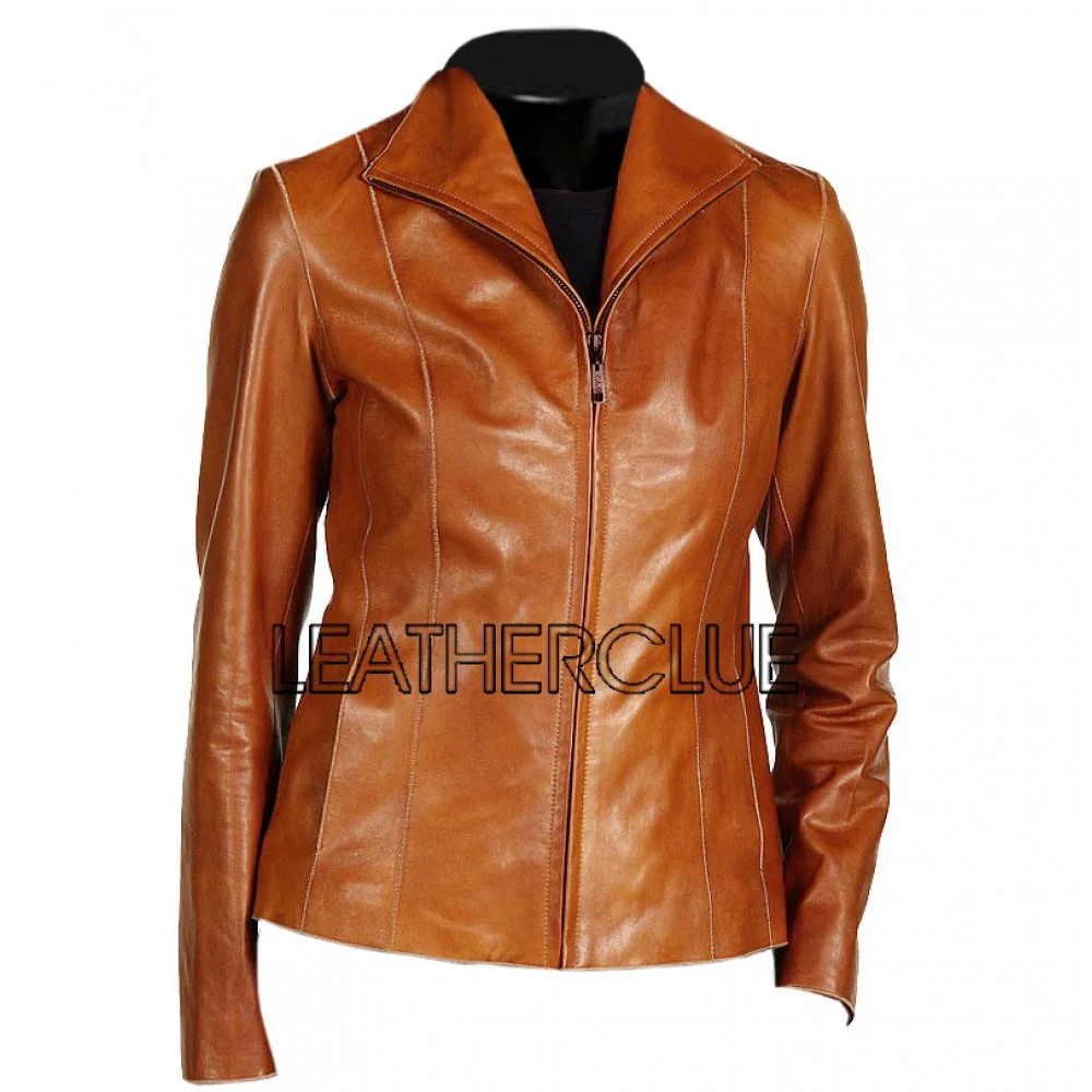 Casual brown colour zipper original leather jacket for women