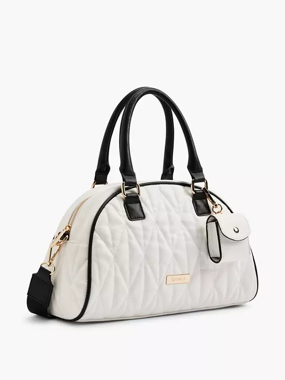 Catwalk  White Quilted Handbag with Contrasting Black Straps and Shoulder Strap