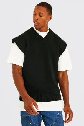 Chunky Rib Knitted V Neck Vest | boohooMAN UK