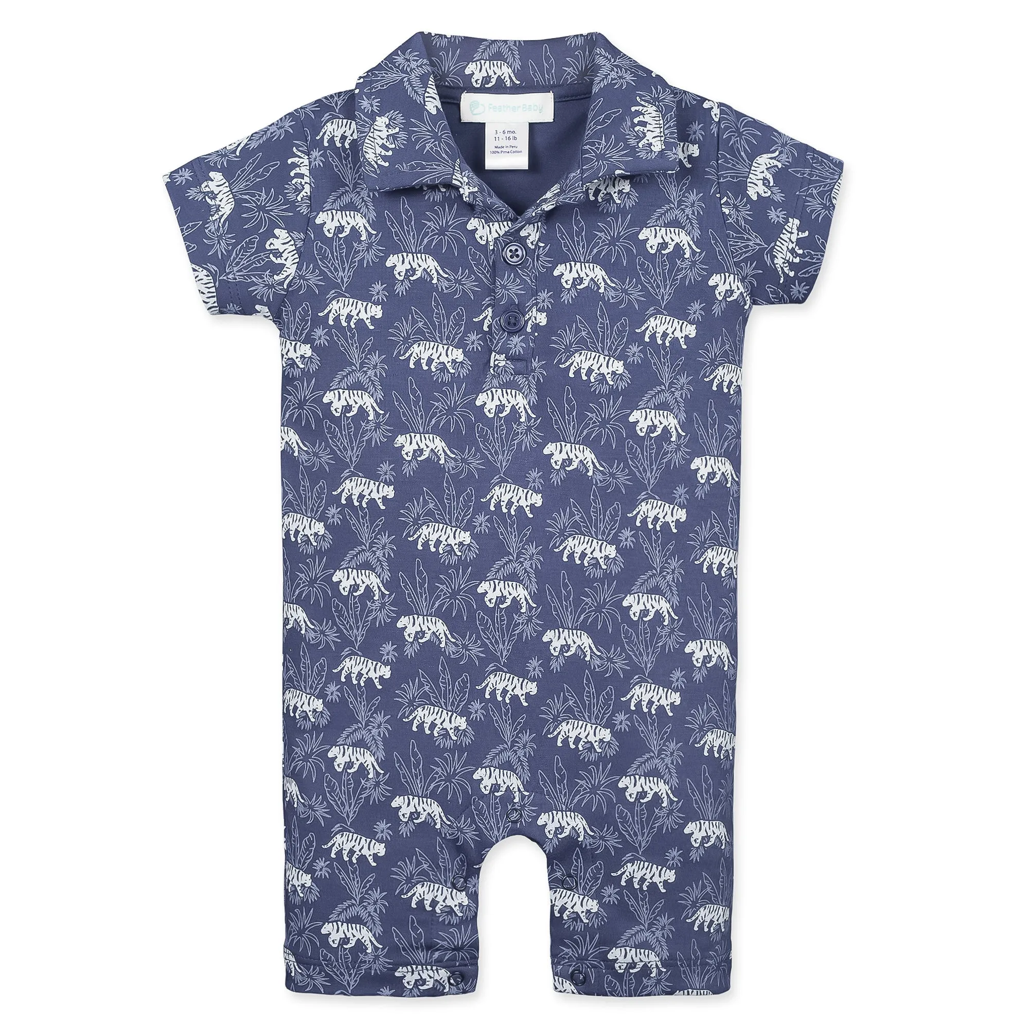 Collared Romper - Tigers on Indigo  100% Pima Cotton