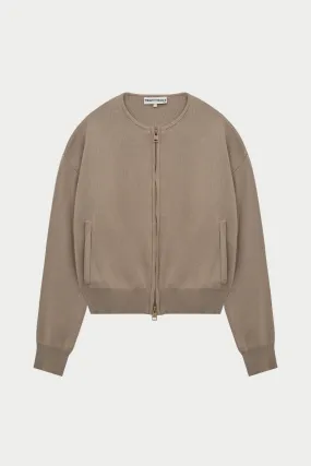 COLLARLESS KNITTED ZIP THROUGH BOMBER - BEIGE