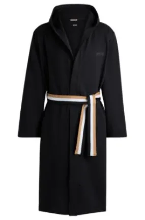 Cotton-terry hooded dressing gown with signature-stripe belt