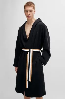 Cotton-terry hooded dressing gown with signature-stripe belt