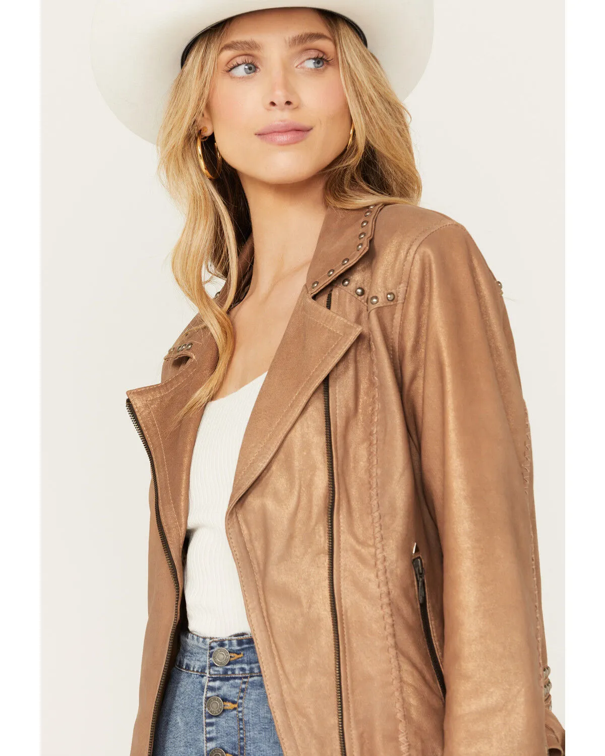 Cripple Creek Women's Asymmetric Front Studded Back Leather Jacket