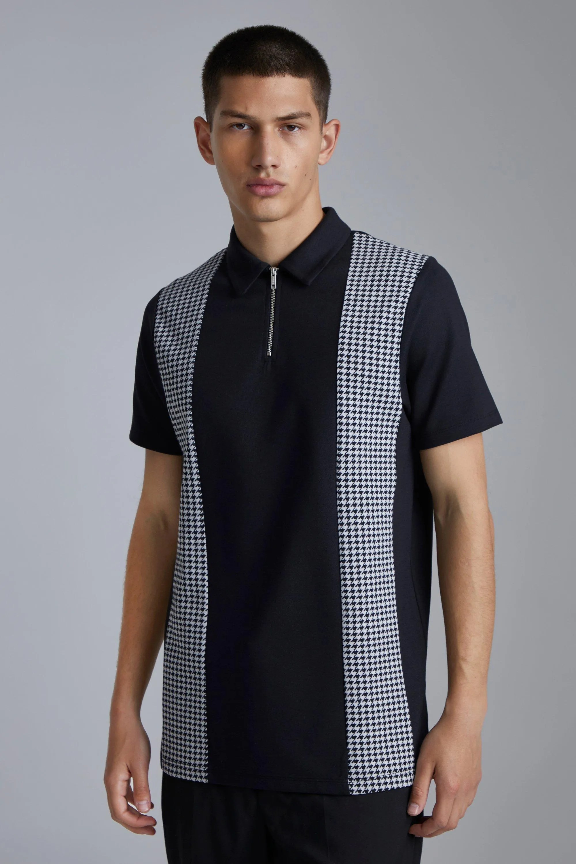 Dogtooth Jacquard Panel Polo | boohooMAN UK