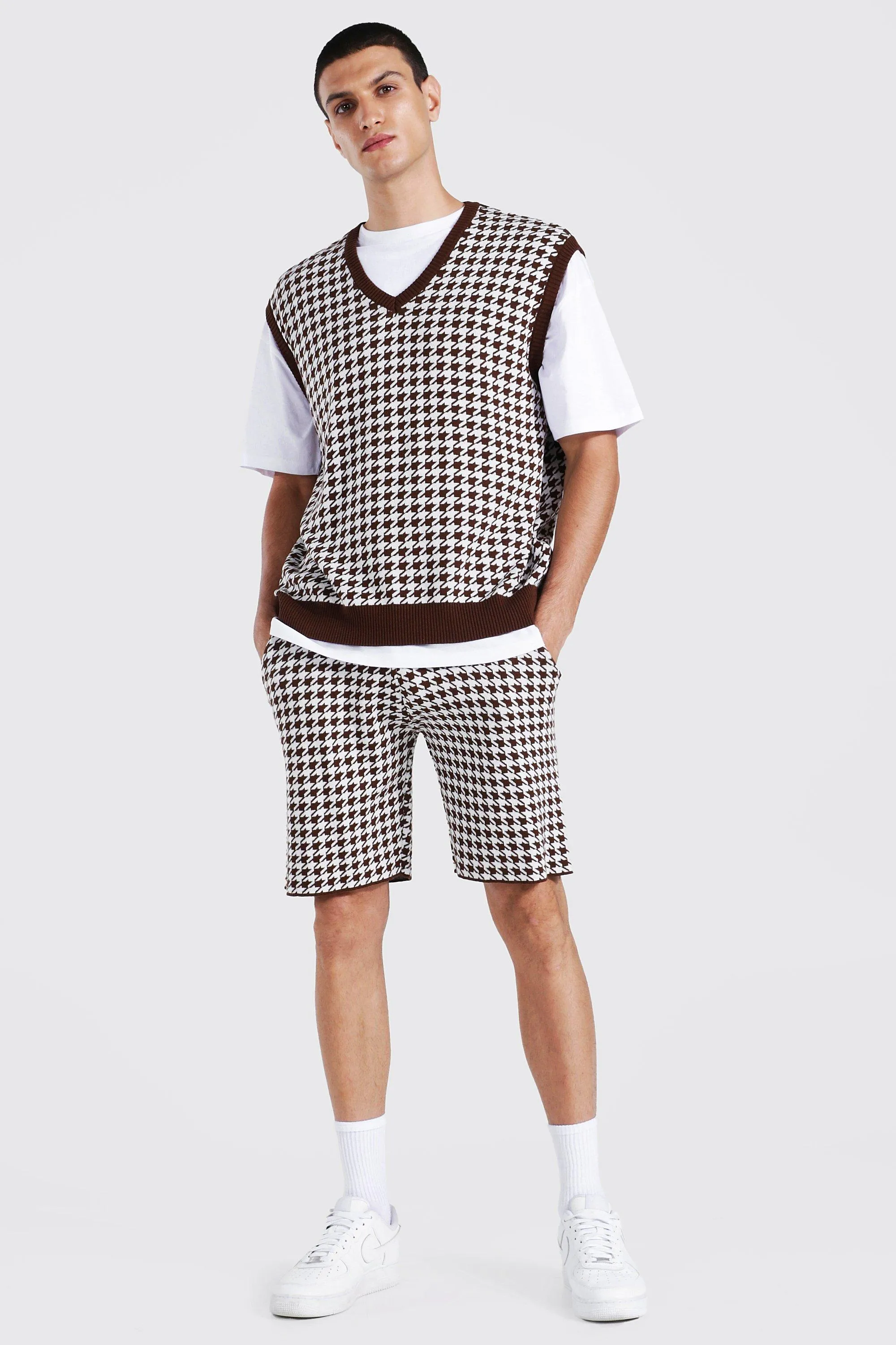 Dogtooth Knitted Vest And Shorts Set | boohooMAN UK