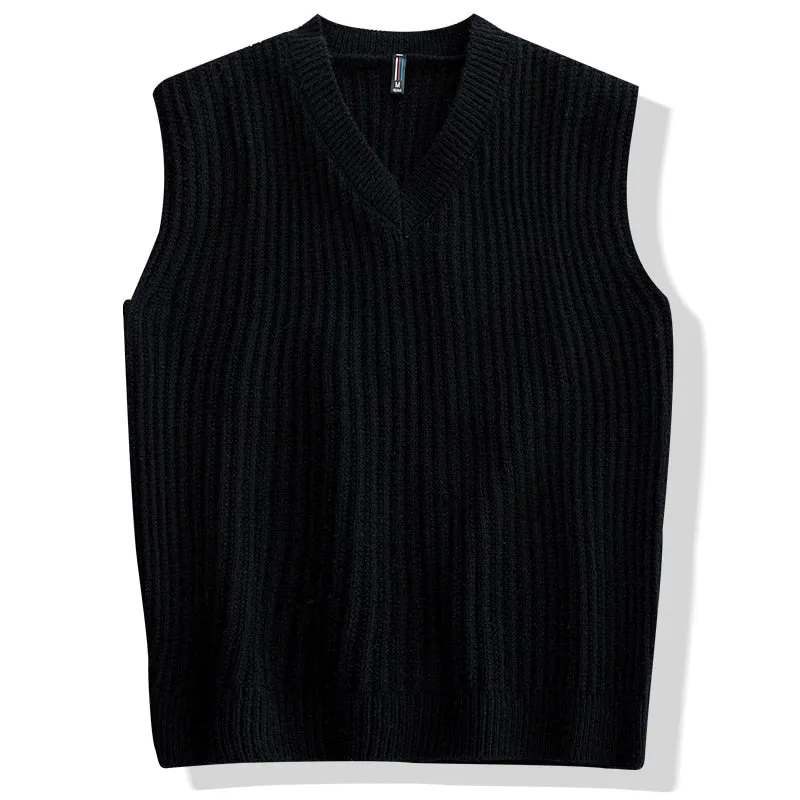 England Style Men's Solid V Neck Loose Oversized Knitted Vest Sweater