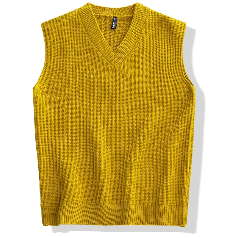 England Style Men's Solid V Neck Loose Oversized Knitted Vest Sweater