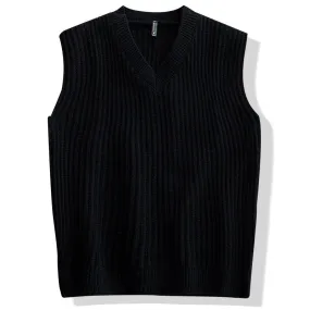 England Style Men's Solid V Neck Loose Oversized Knitted Vest Sweater