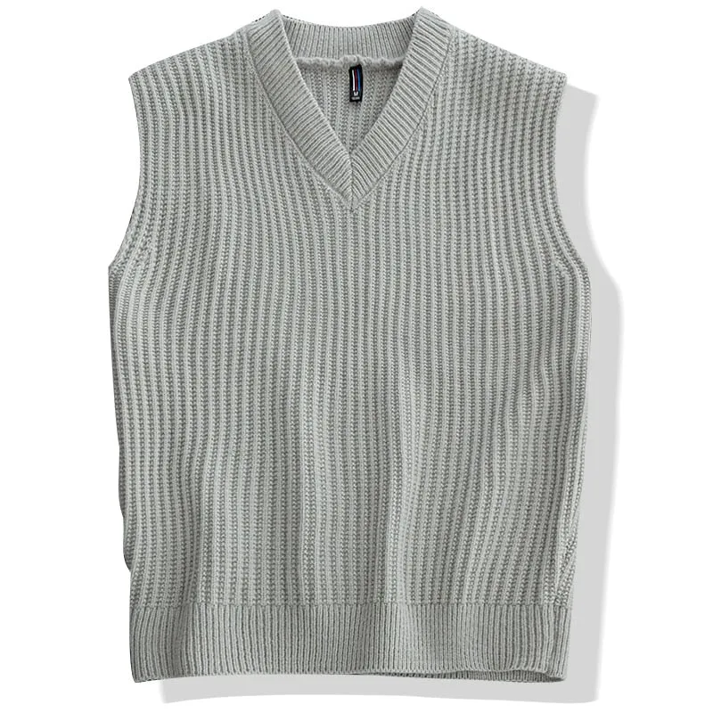 England Style Men's Solid V Neck Loose Oversized Knitted Vest Sweater