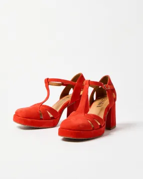 Esska Chaza Red Suede Platform Heeled Sandals, size UK 8