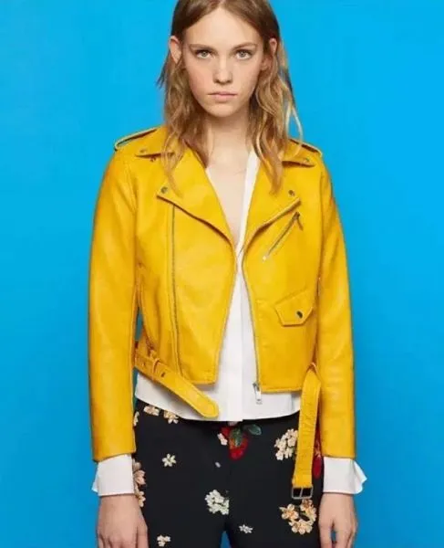 Faux leather perfecto biker jacket for women in yellow pink sky blue 