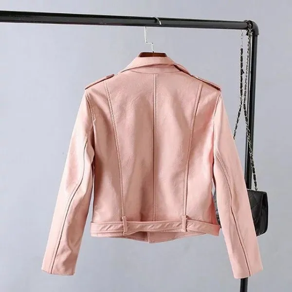 Faux leather perfecto biker jacket for women in yellow pink sky blue 