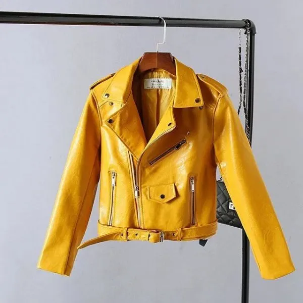 Faux leather perfecto biker jacket for women in yellow pink sky blue 