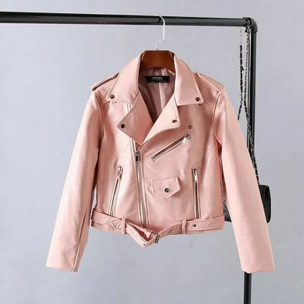 Faux leather perfecto biker jacket for women in yellow pink sky blue 