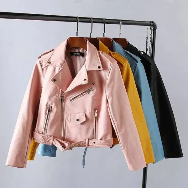 Faux leather perfecto biker jacket for women in yellow pink sky blue 