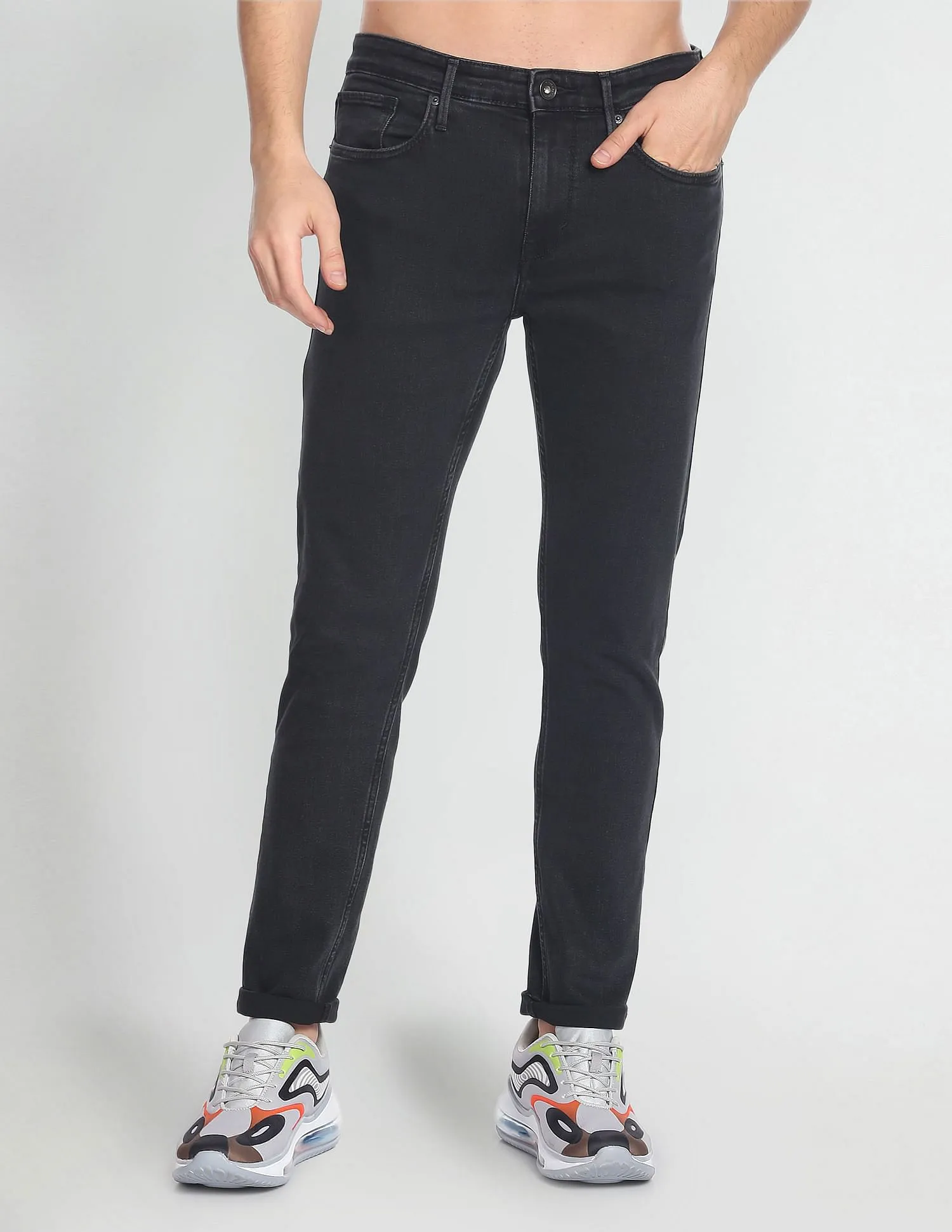 Flying Machine Mid Rise Slash Slim Tapered Jeans