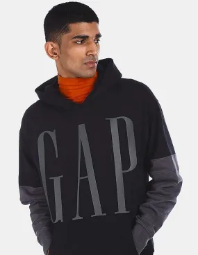 GAP Men Black Cotton Brand Print Hooded Sweatshirt