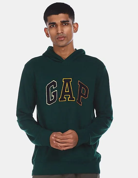 GAP Men Dark Green Cotton Brand Appliqued Hooded Sweatshirt