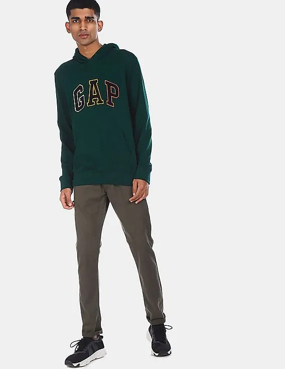 GAP Men Dark Green Cotton Brand Appliqued Hooded Sweatshirt